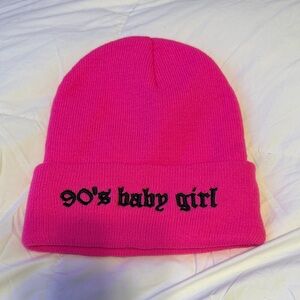 Pink Beanie with '90's Baby Girl' Embroidery
